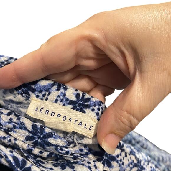 Aeropostale Floral Blue double tie back Dress Large garden girl peasant rayon - Picture 10 of 11